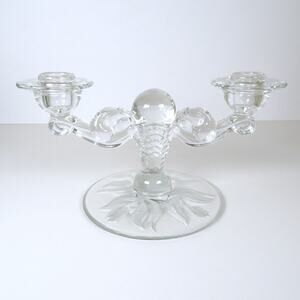 Tiffin Webwing Coronet Attributed Clear Glass 2 Light Candelabra with Tulip Etch